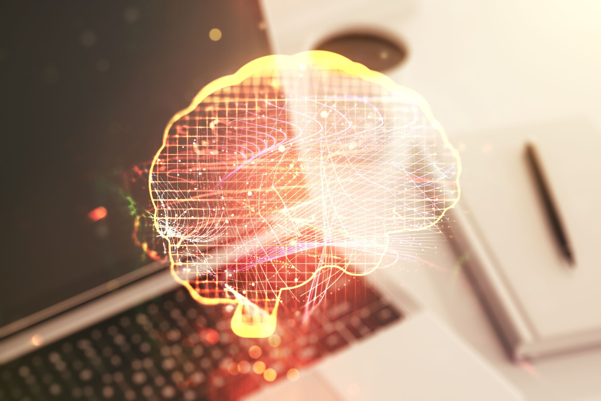 Double exposure of creative artificial Intelligence symbol with modern laptop on background. Neural networks and machine learning concept
